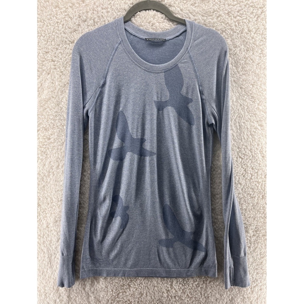 Oiselle Blue‎ Flyout Running Shirt Bird Graphic Long Sleeve Women's Size Medium